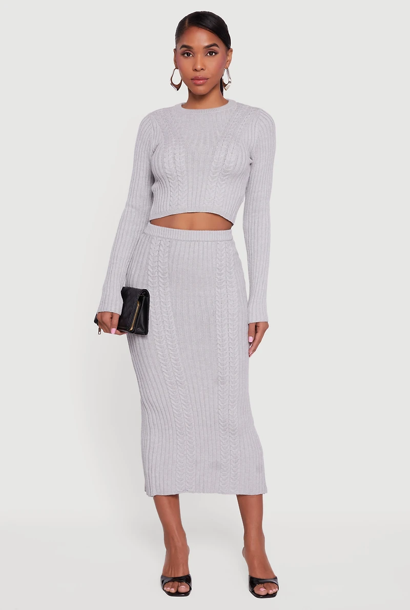 Womens Ribbed Knit Trim Cropped Cable Knit Sweater, Grey, Size M