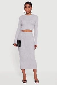 Womens Ribbed Knit Trim Cropped Cable Knit Sweater, Grey, Size M