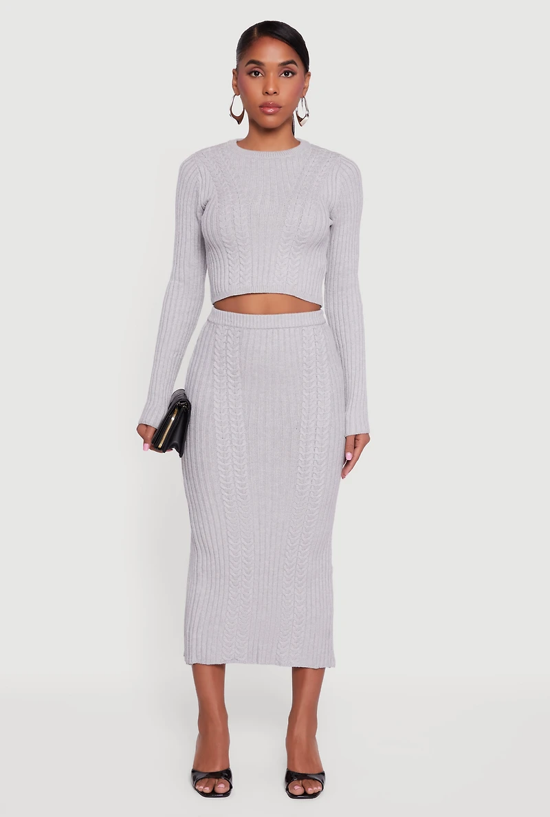 Ribbed Knit Trim Cropped Cable Sweater