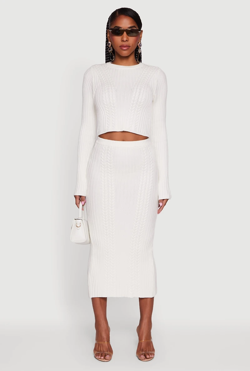 Ribbed Knit Trim Cropped Cable Sweater