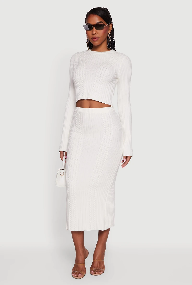 Ribbed Knit Trim Cropped Cable Sweater