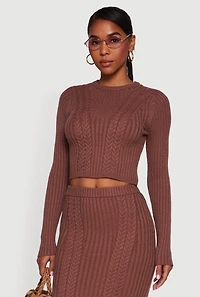 Ribbed Knit Trim Cropped Cable Sweater