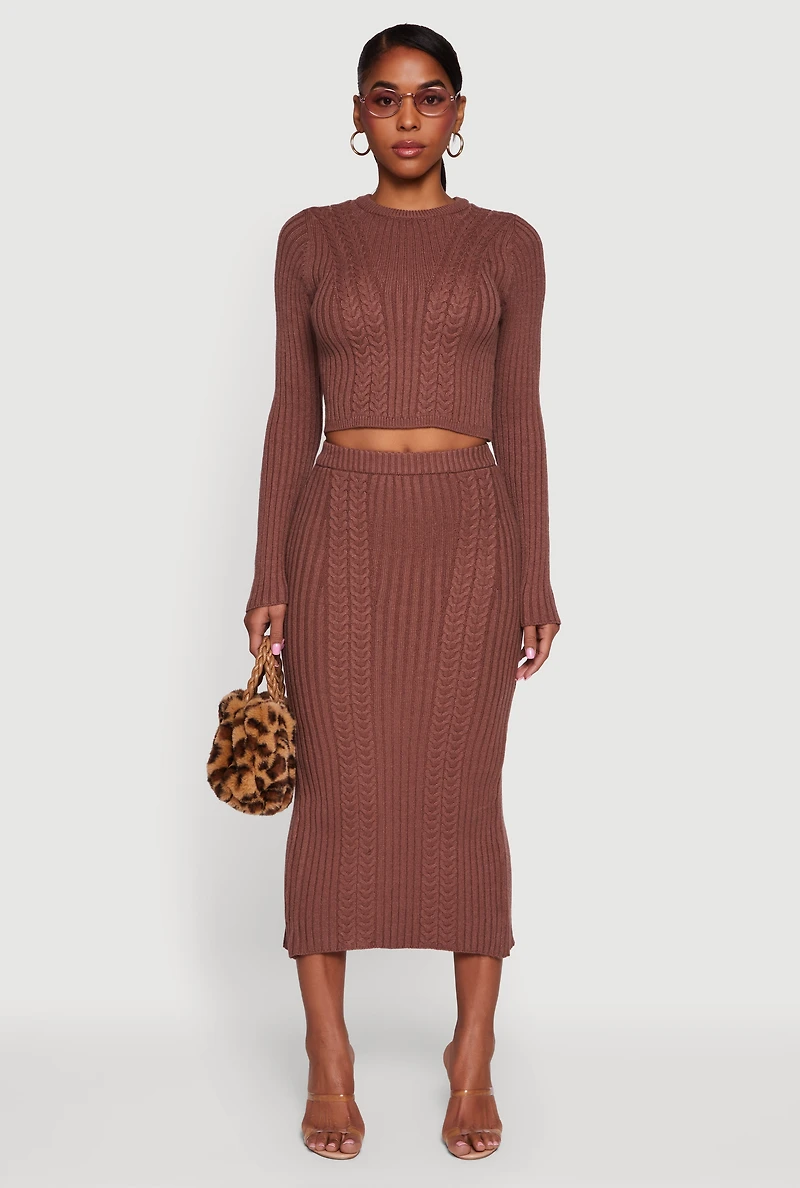 Ribbed Knit Trim Cropped Cable Sweater