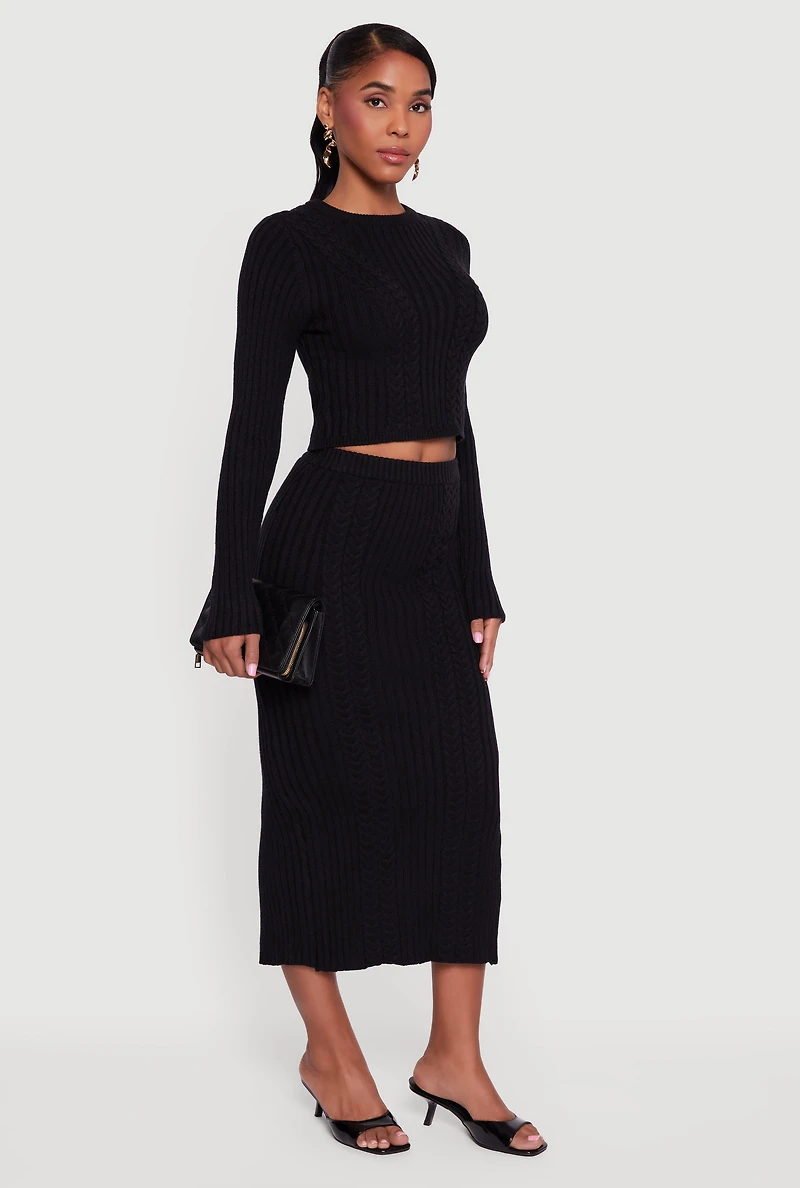 Cable Knit Slit Back High Waisted Pencil Skirt