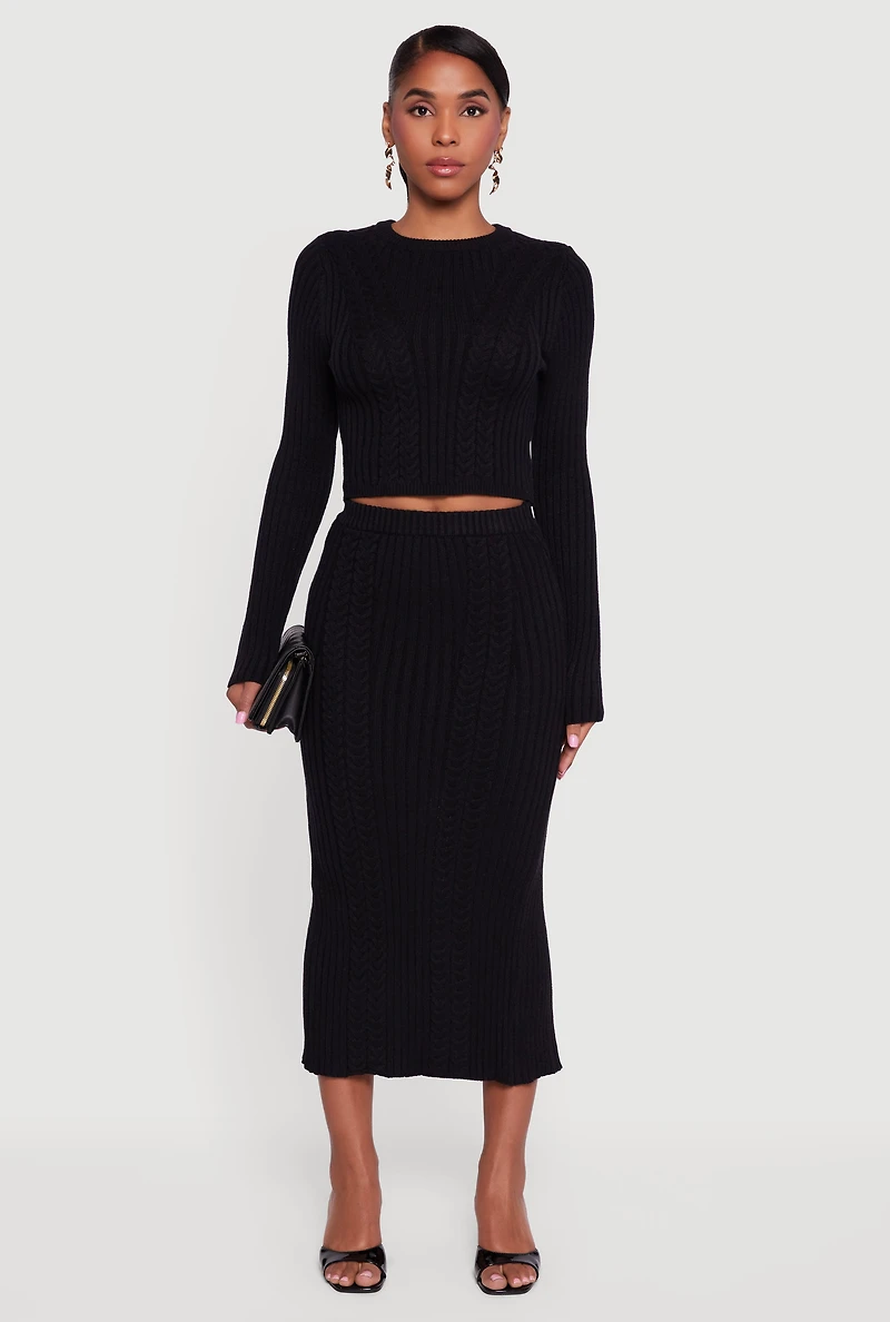 Cable Knit Slit Back High Waisted Pencil Skirt