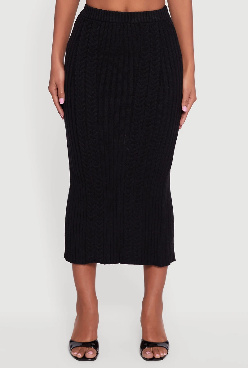 Cable Knit Slit Back High Waisted Pencil Skirt