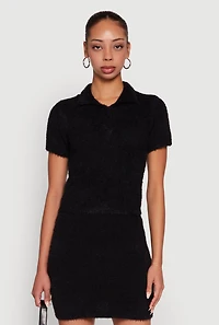 Womens Eyelash Knit Cropped Polo Shirt,