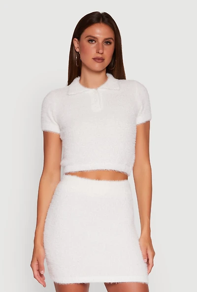 Womens Eyelash Knit Cropped Polo Shirt, White, Size S