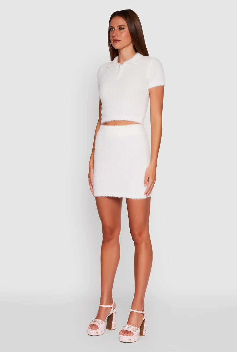Womens Eyelash Knit Cropped Polo Shirt, White, Size S