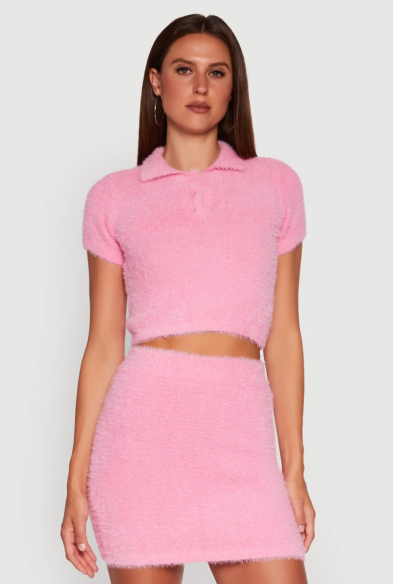 Eyelash Knit Cropped Polo Shirt