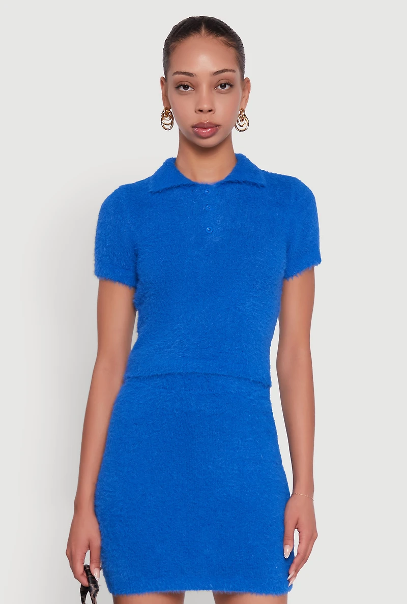 Womens Eyelash Knit Cropped Polo Shirt, Blue, Size S