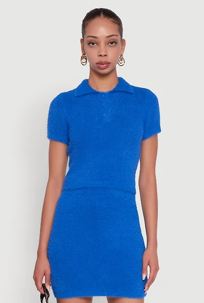 Womens Eyelash Knit Cropped Polo Shirt, Blue, Size S