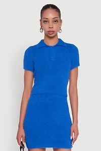 Womens Eyelash Knit Cropped Polo Shirt, Blue, Size S