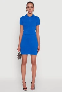 Womens Eyelash Knit Cropped Polo Shirt, Blue, Size S