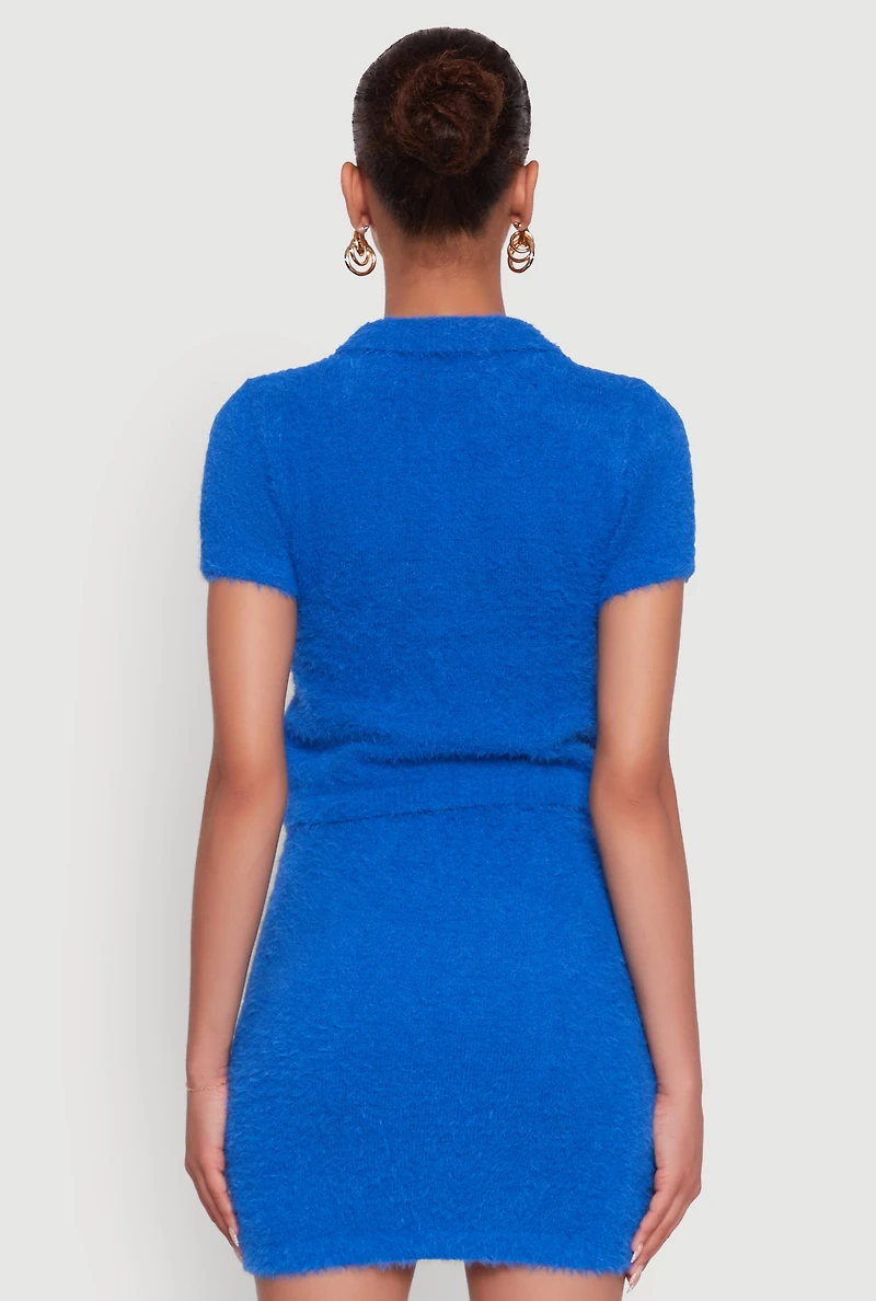 Womens Eyelash Knit Cropped Polo Shirt,
