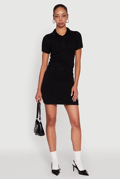 Womens Eyelash Knit Solid High Waisted Mini Skirt,