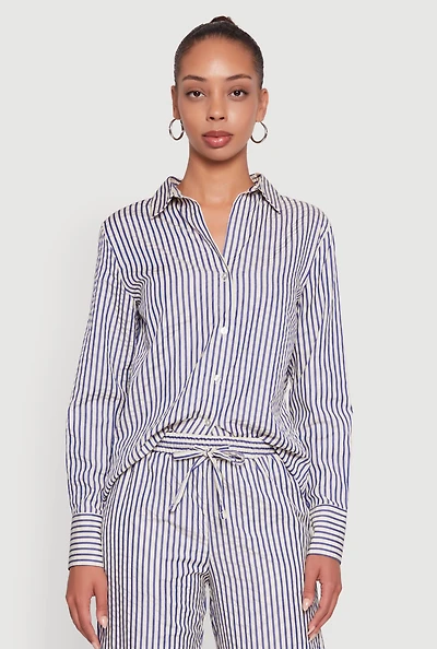 Womens Striped Button Front Long Sleeve Shirt, Multi, Size S