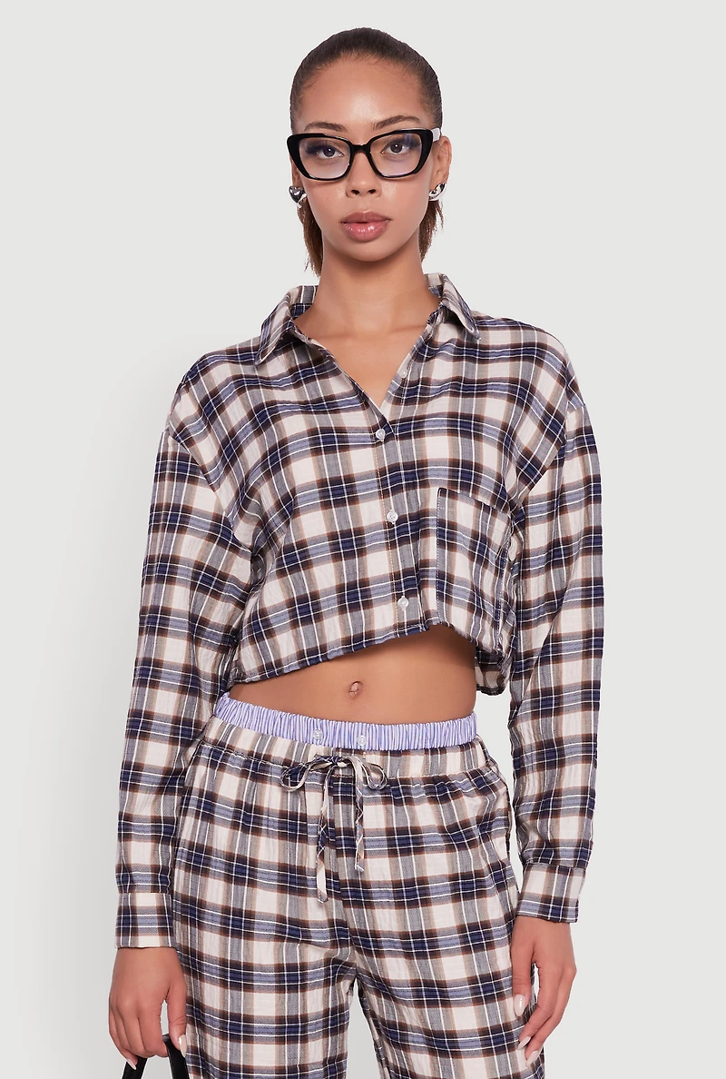 Womens Plaid Long Sleeve Cropped Shirt, Multi,
