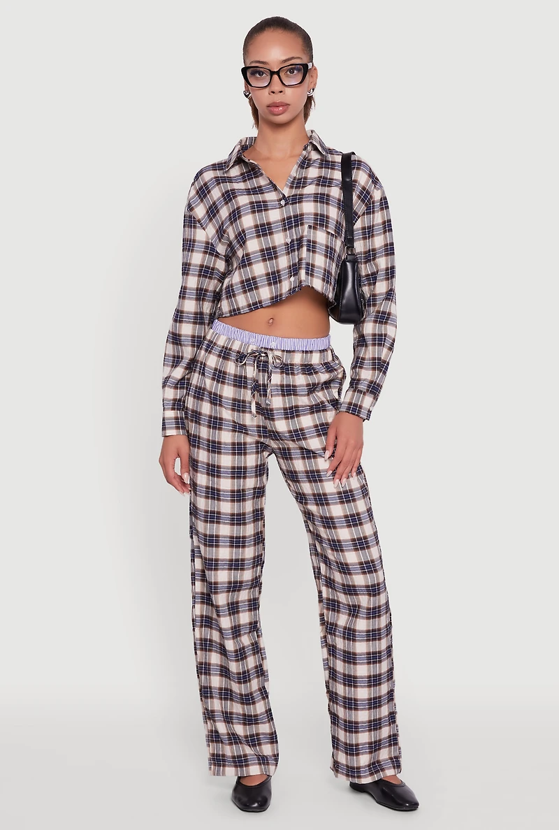Womens Plaid Long Sleeve Cropped Shirt, Multi,