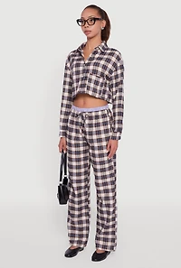 Womens Plaid Long Sleeve Cropped Shirt, Multi,
