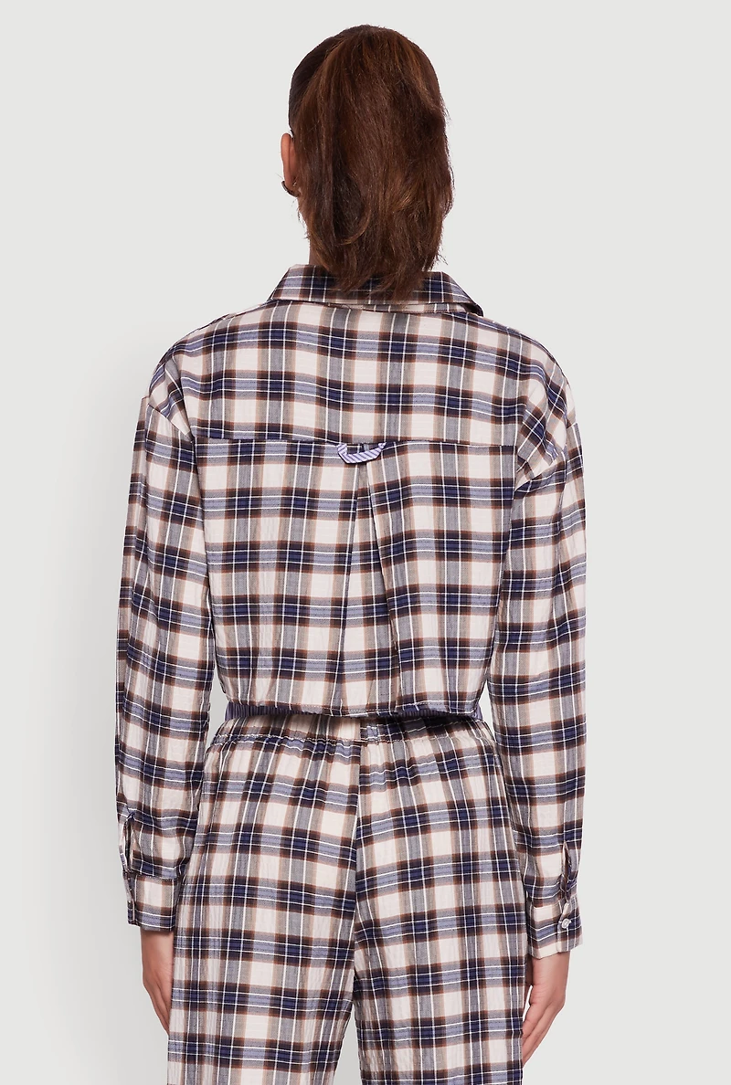 Womens Plaid Long Sleeve Cropped Shirt, Multi,