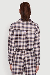 Womens Plaid Long Sleeve Cropped Shirt, Multi,