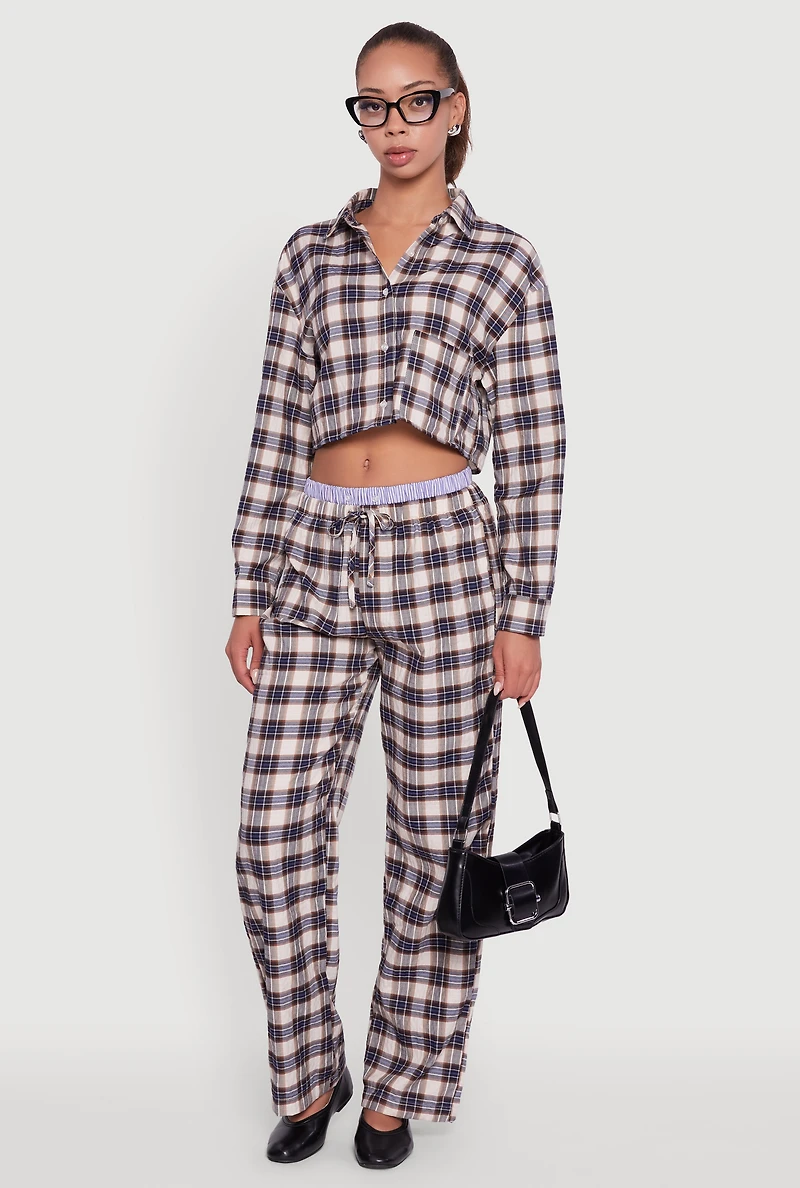 Womens Striped Waistband Detail Plaid Pants, Multi,