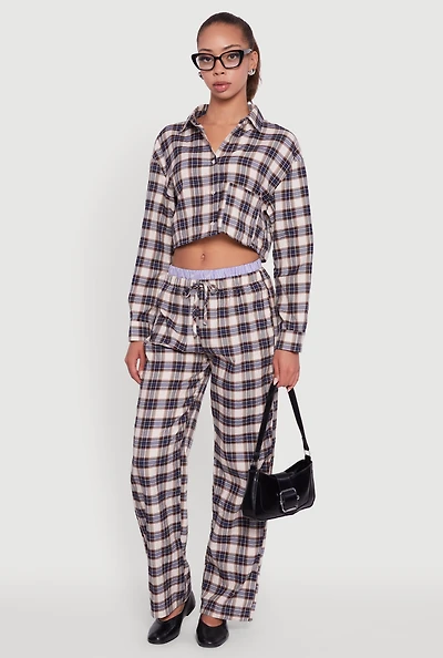 Womens Striped Waistband Detail Plaid Pants, Multi, Size S