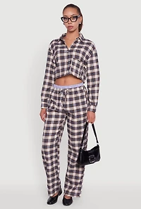 Womens Striped Waistband Detail Plaid Pants, Multi,