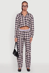 Womens Striped Waistband Detail Plaid Pants, Multi,