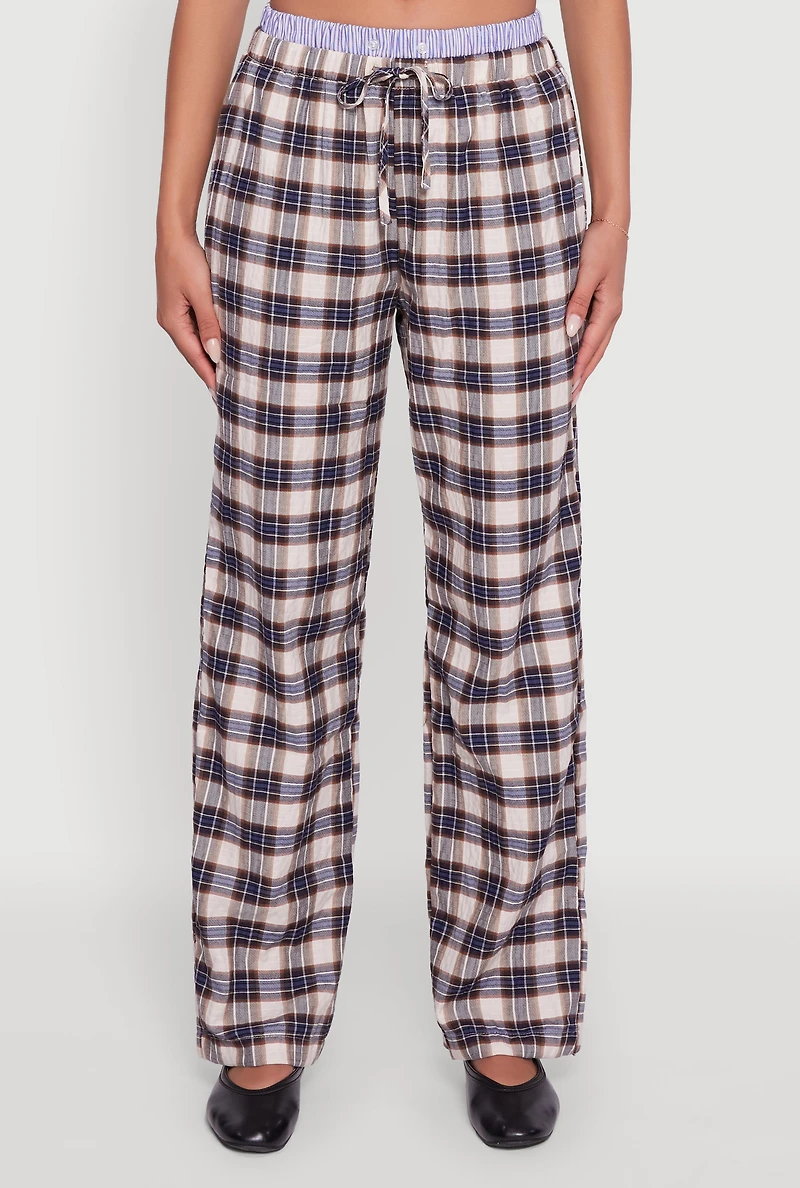 Womens Striped Waistband Detail Plaid Pants, Multi,