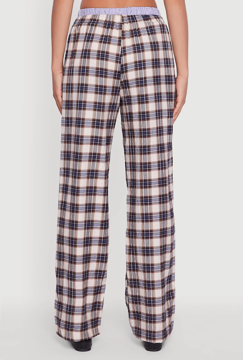 Womens Striped Waistband Detail Plaid Pants, Multi,