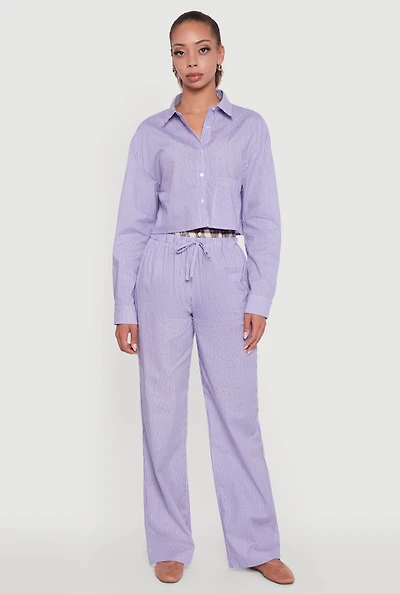 Womens Plaid Waistband Detail Striped Pants, Blue, Size S