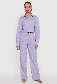 Womens Plaid Waistband Detail Striped Pants, Blue, Size S