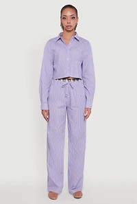 Womens Plaid Waistband Detail Striped Pants, Blue, Size S