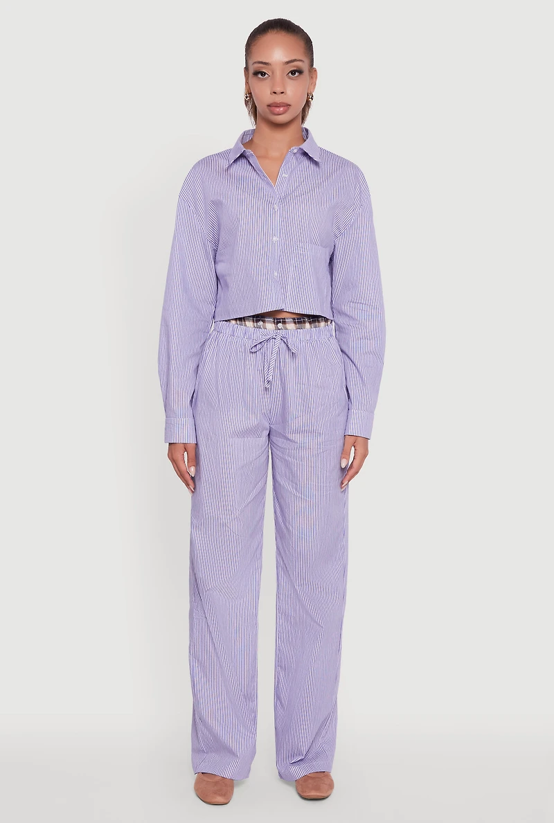 Plaid Waistband Detail Striped Pants