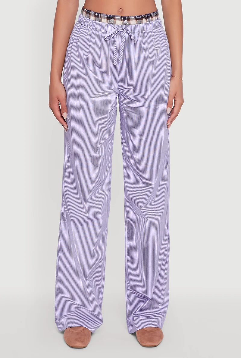 Womens Plaid Waistband Detail Striped Pants, Blue, Size S