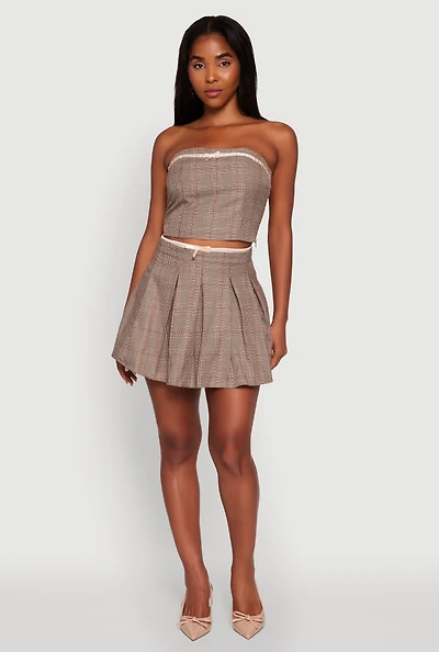 Womens Plaid Mini Pleated Skirt with Contrast Waistband, Brown, Size M
