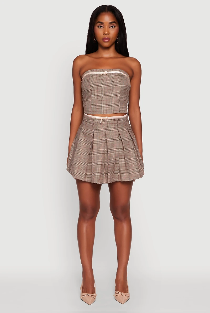 Womens Plaid Mini Pleated Skirt with Contrast Waistband, Brown, Size L