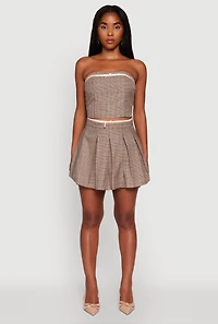 Womens Plaid Mini Pleated Skirt with Contrast Waistband, Brown, Size L