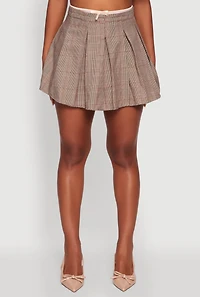Womens Plaid Mini Pleated Skirt with Contrast Waistband, Brown, Size M