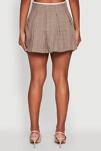 Womens Plaid Mini Pleated Skirt with Contrast Waistband, Brown, Size M
