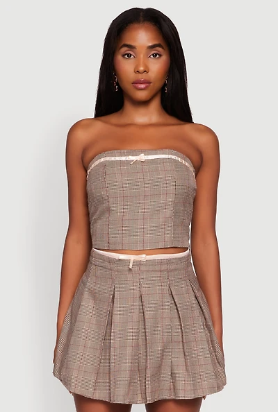 Womens Plaid Tube Top with Bow Contrast Trim, Brown, Size L