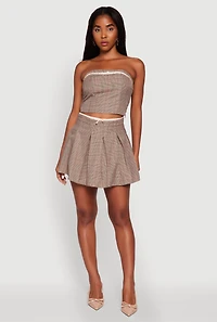 Womens Plaid Tube Top with Bow Contrast Trim, Brown,