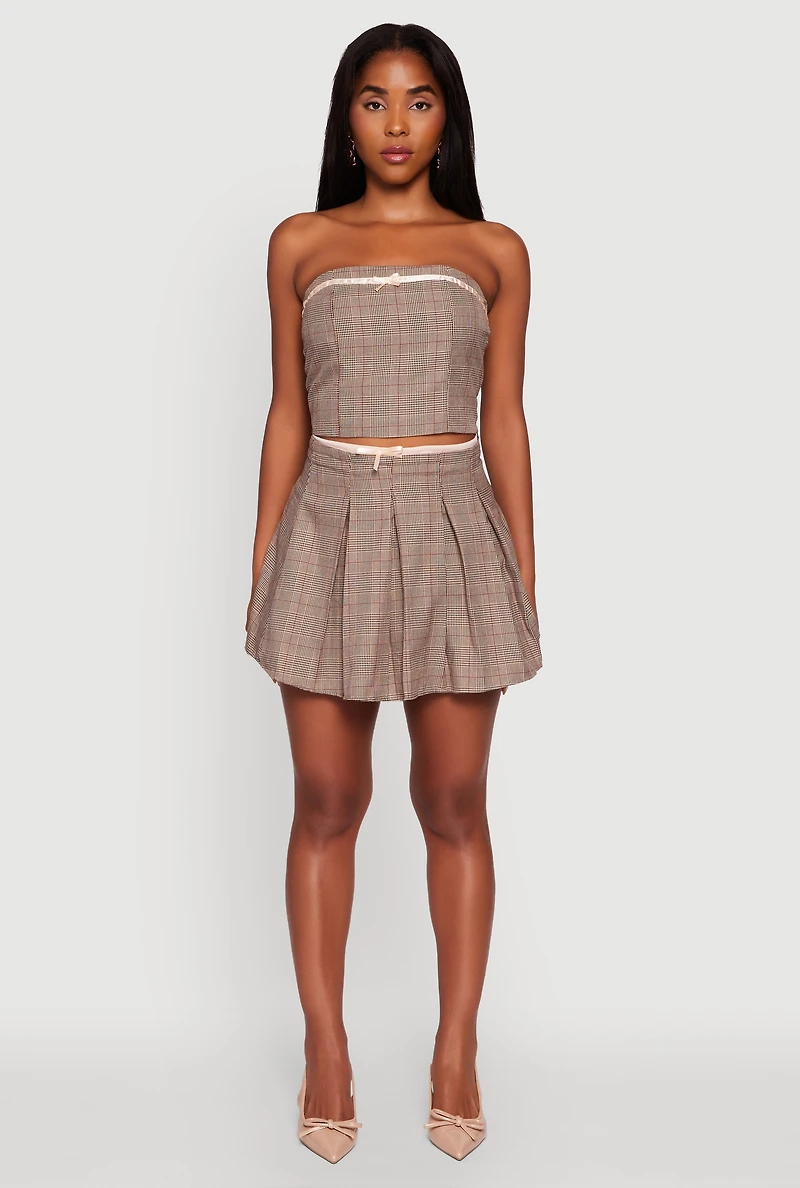 Womens Plaid Tube Top with Bow Contrast Trim, Brown,