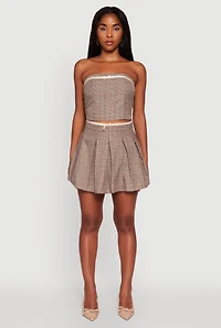 Womens Plaid Tube Top with Bow Contrast Trim, Brown,