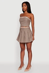 Womens Plaid Tube Top with Bow Contrast Trim, Brown,