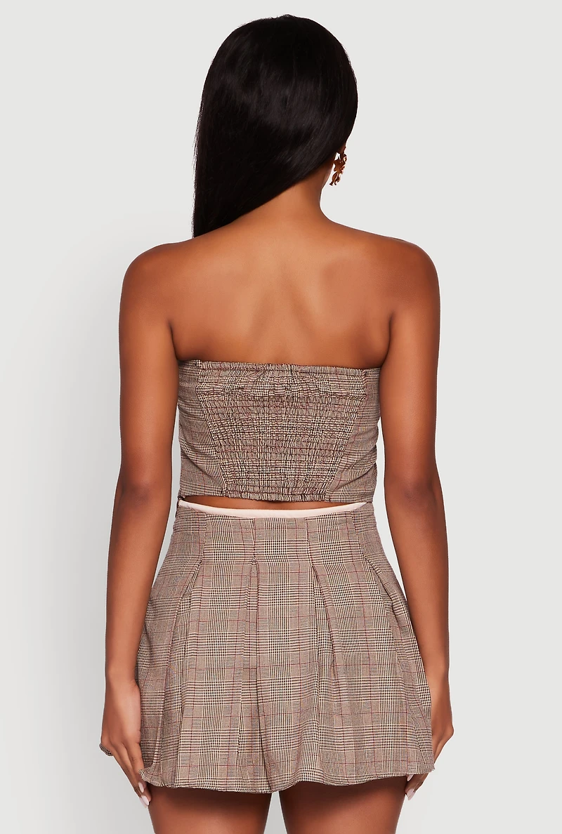 Womens Plaid Tube Top with Bow Contrast Trim, Brown,