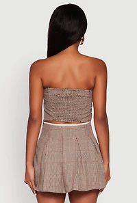 Womens Plaid Tube Top with Bow Contrast Trim, Brown,