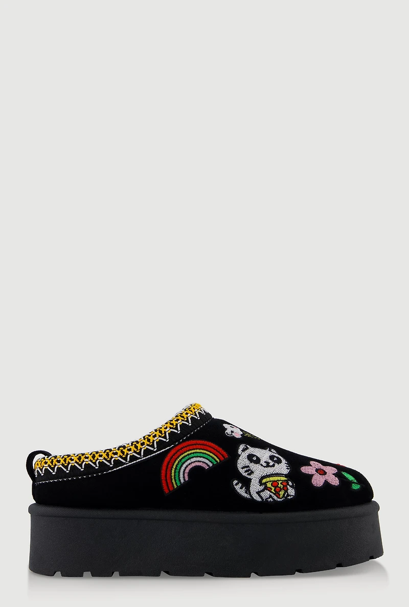 Womens Embroidered Graphic Platform Clogs,